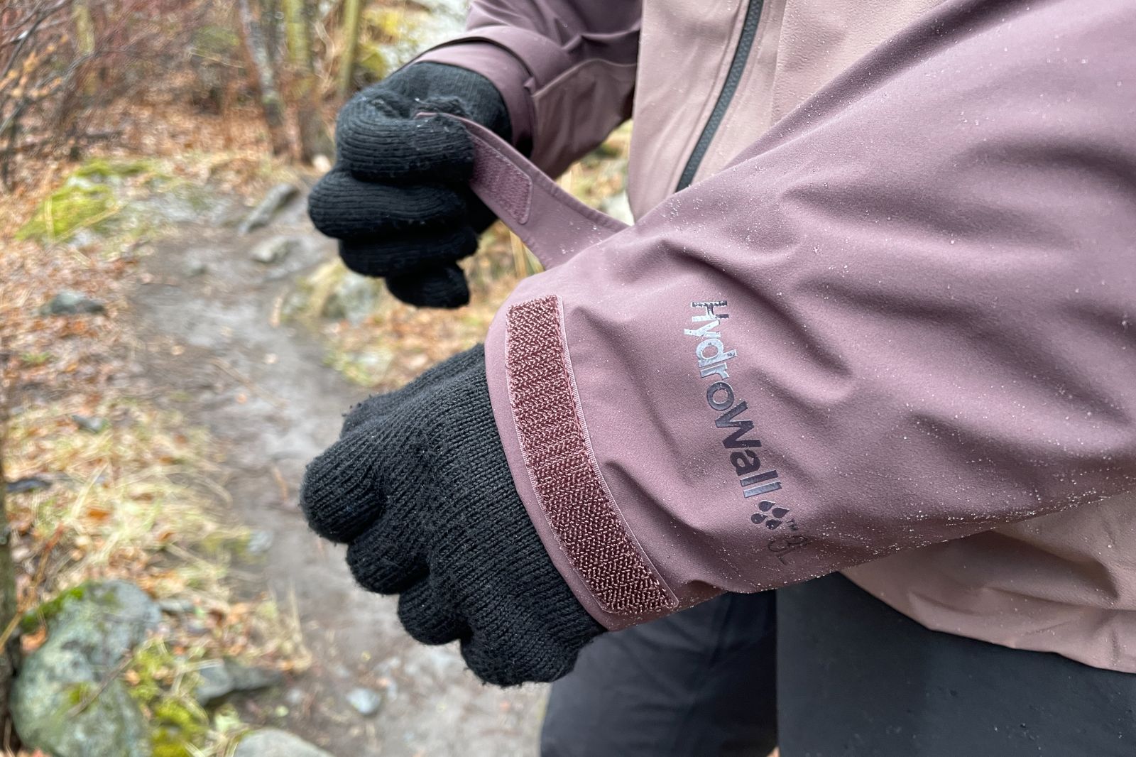 A closeup of the cuffs on a rain jacket.