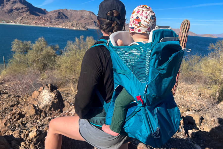 Back angle of a hiker sitting with the Osprey Poco SLT carrier, showing its adjustable straps and the baby enjoying the view.